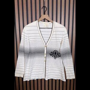 Escada Cardigan 42 / US L Womens White Striped Sweater Button Front Stretch